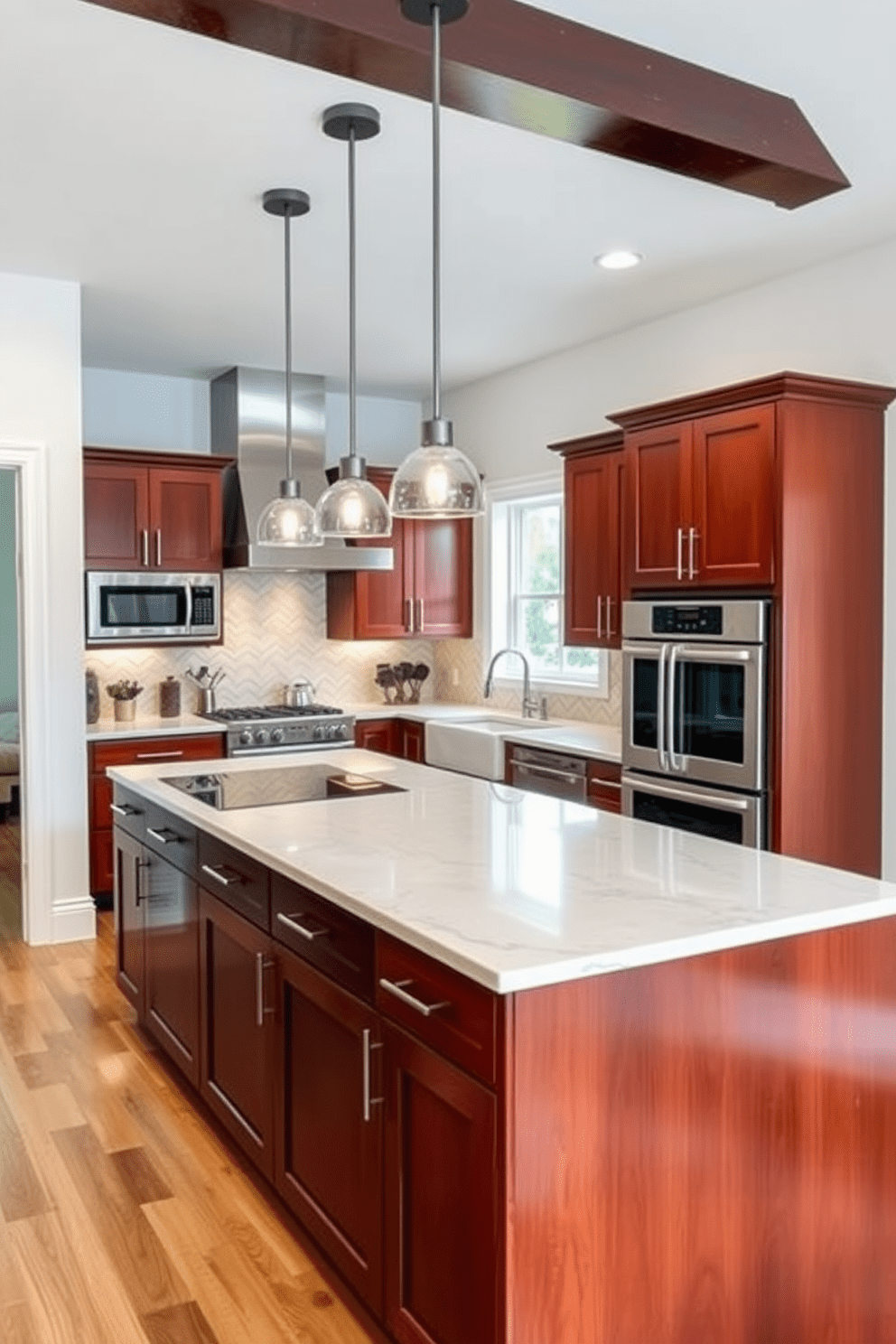 A modern kitchen featuring rich brown cabinets that contrast beautifully with a sleek white marble countertop. The space is illuminated by pendant lights hanging above an island, creating a warm and inviting atmosphere. Stainless steel appliances complement the cabinetry, while a stylish backsplash adds a touch of elegance. A cozy breakfast nook with comfortable seating is positioned near a window, perfect for enjoying morning coffee.