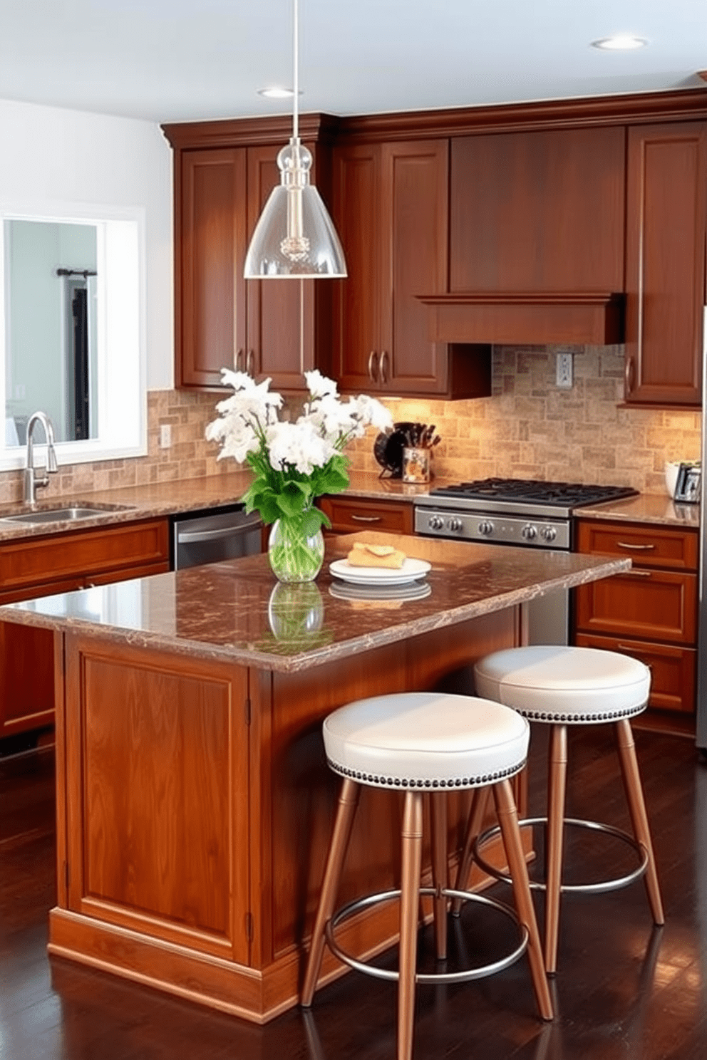 A bold brown kitchen island takes center stage, complemented by matching bar stools that invite casual gatherings. The cabinetry is a rich, warm tone, enhancing the overall elegance of the space while the countertops feature a subtle veining that adds depth and interest.