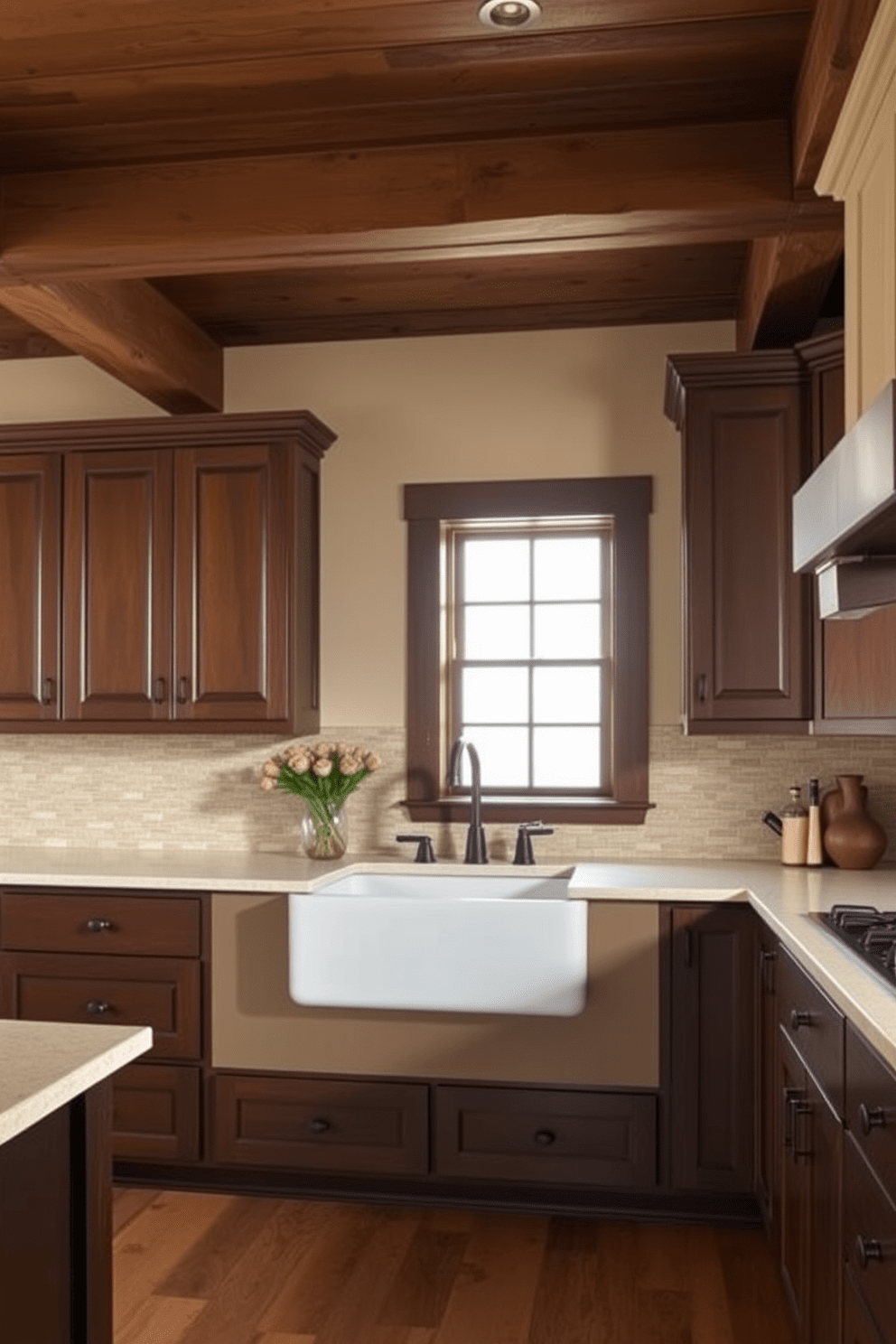 A warm and inviting kitchen featuring deep brown cabinetry that complements earthy tones throughout the space. The countertops are a rich cream color, and the backsplash is adorned with textured tiles that enhance the natural aesthetic. Rustic wooden beams span the ceiling, adding character and warmth to the room. A large farmhouse sink sits beneath a window, allowing natural light to illuminate the space beautifully.