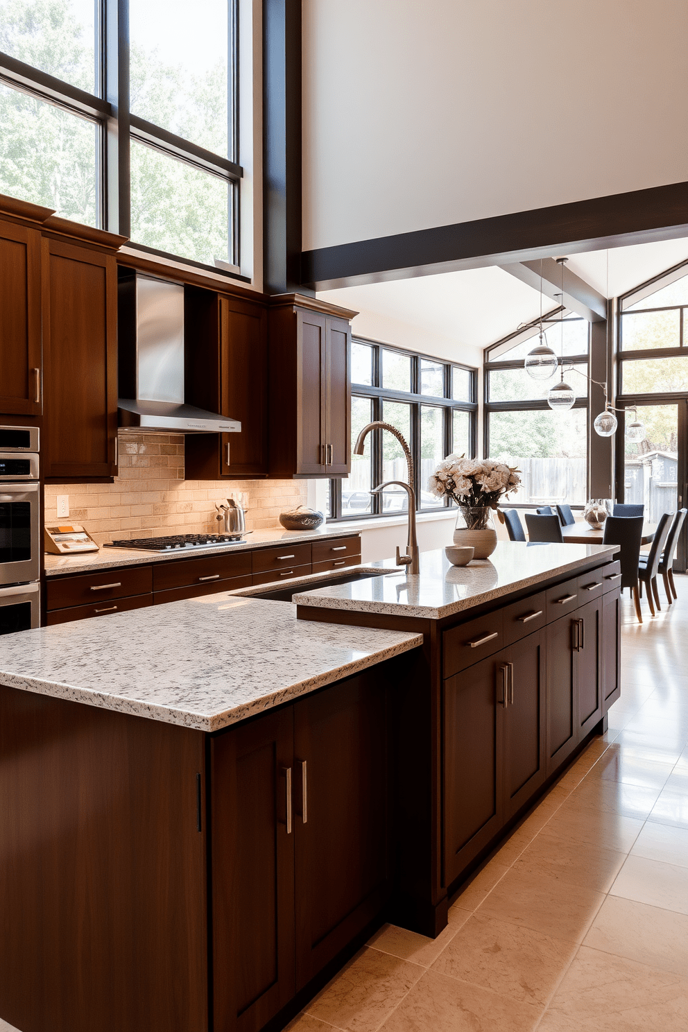 A stylish kitchen featuring brown cabinets with an open concept design. The cabinets are sleek and modern, complemented by a large island in the center with bar seating. Natural light floods the space through large windows, highlighting the warm tones of the cabinetry. The countertops are a light granite, providing a beautiful contrast to the rich brown of the cabinets.