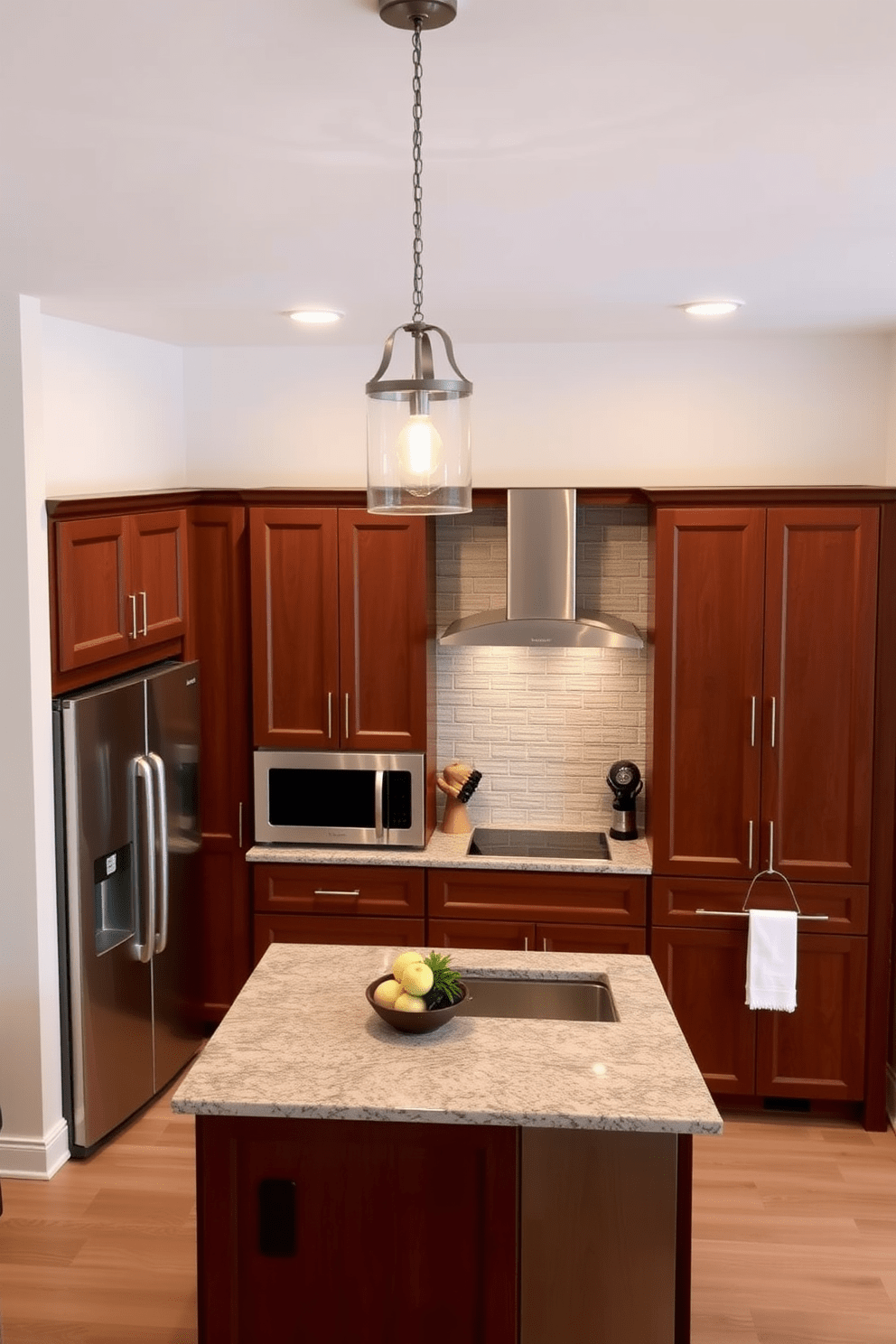 A warm and inviting kitchen featuring rich brown cabinets that provide ample storage space. Chic pendant lighting hangs gracefully above the island, casting a soft glow over the countertop. The kitchen is designed with a modern aesthetic, showcasing sleek appliances that complement the cabinetry. A stylish backsplash in a neutral tone ties the elements together, enhancing the overall elegance of the space.