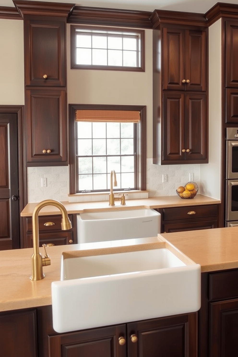 A warm and inviting kitchen features dark wood cabinets that provide a rich contrast against the light-colored walls. Brass fixtures add a touch of elegance and sophistication, enhancing the overall aesthetic of the space. The countertops are a creamy beige stone, complementing the deep tones of the cabinetry. A large farmhouse sink sits beneath a window, allowing natural light to flood the area and illuminate the beautiful design.