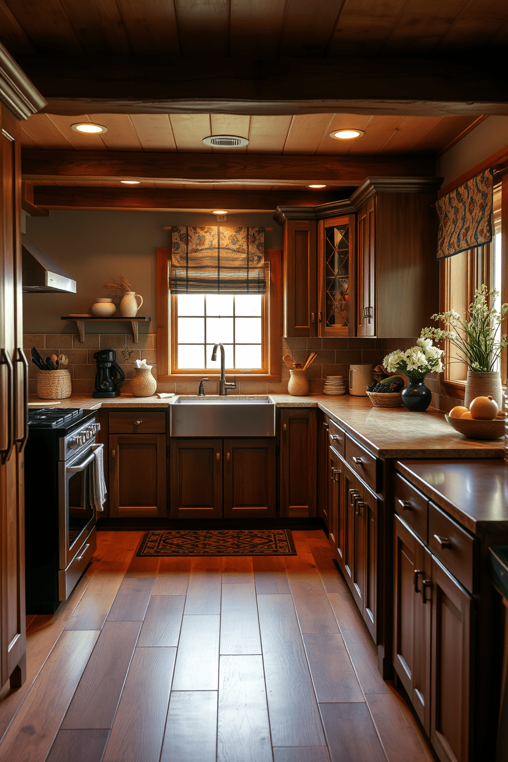 A cozy kitchen featuring warm brown tones throughout the space. Rustic wood floors complement the rich cabinetry and create a welcoming atmosphere.