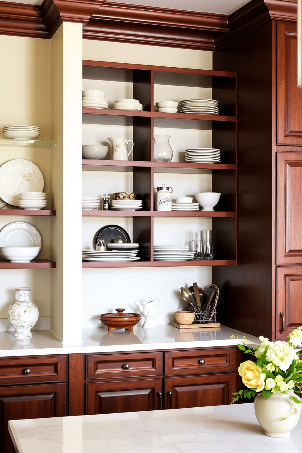 A warm and inviting kitchen featuring open shelving that showcases beautifully arranged dishware and decorative items. The cabinetry is a rich brown, providing a striking contrast to the light-colored walls and countertops, creating a harmonious balance in the space.