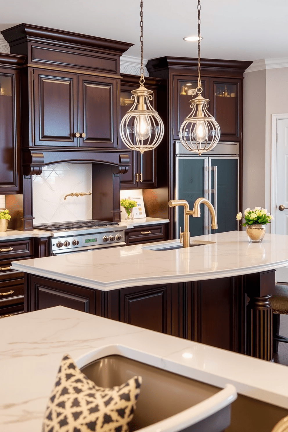 Rich chocolate cabinets with gold hardware create a luxurious ambiance in the kitchen. The countertops are a light cream color, providing a beautiful contrast to the dark cabinetry. A large kitchen island features bar seating and is topped with a stunning quartz surface. Decorative pendant lights hang above, adding elegance and warmth to the space.