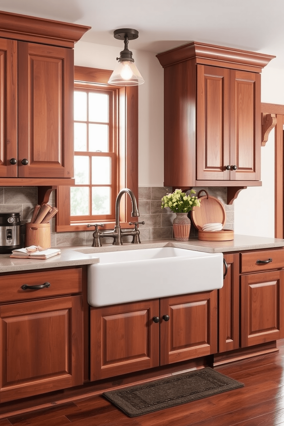 A warm and inviting kitchen features rustic brown cabinets that exude a charming farmhouse style. The centerpiece is a large farmhouse sink, perfectly complemented by vintage-inspired fixtures and natural wood accents.