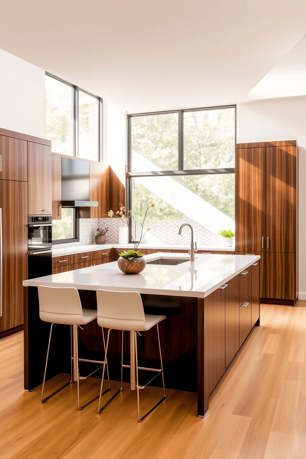 Contemporary brown cabinets with sleek lines create a warm and inviting atmosphere. The kitchen features an open layout with a large island topped with a white quartz countertop, complemented by modern bar stools. Natural light floods the space through oversized windows, highlighting the rich tones of the cabinetry. A stylish backsplash in a geometric pattern adds a touch of elegance and visual interest to the overall design.