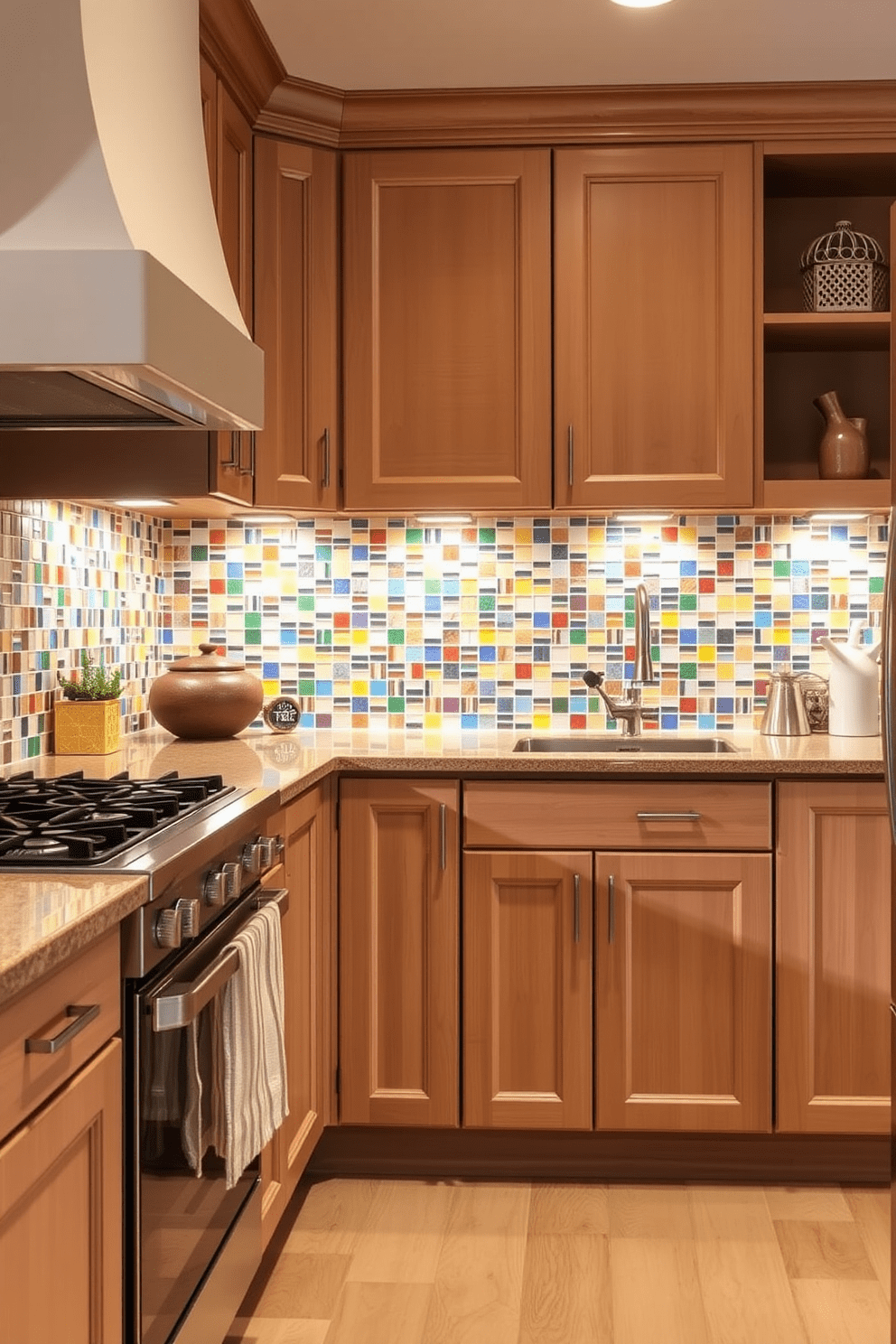 A warm and inviting kitchen features light brown cabinets that provide a cozy ambiance. The backsplash is a vibrant mosaic of colors, adding a playful touch to the overall design.