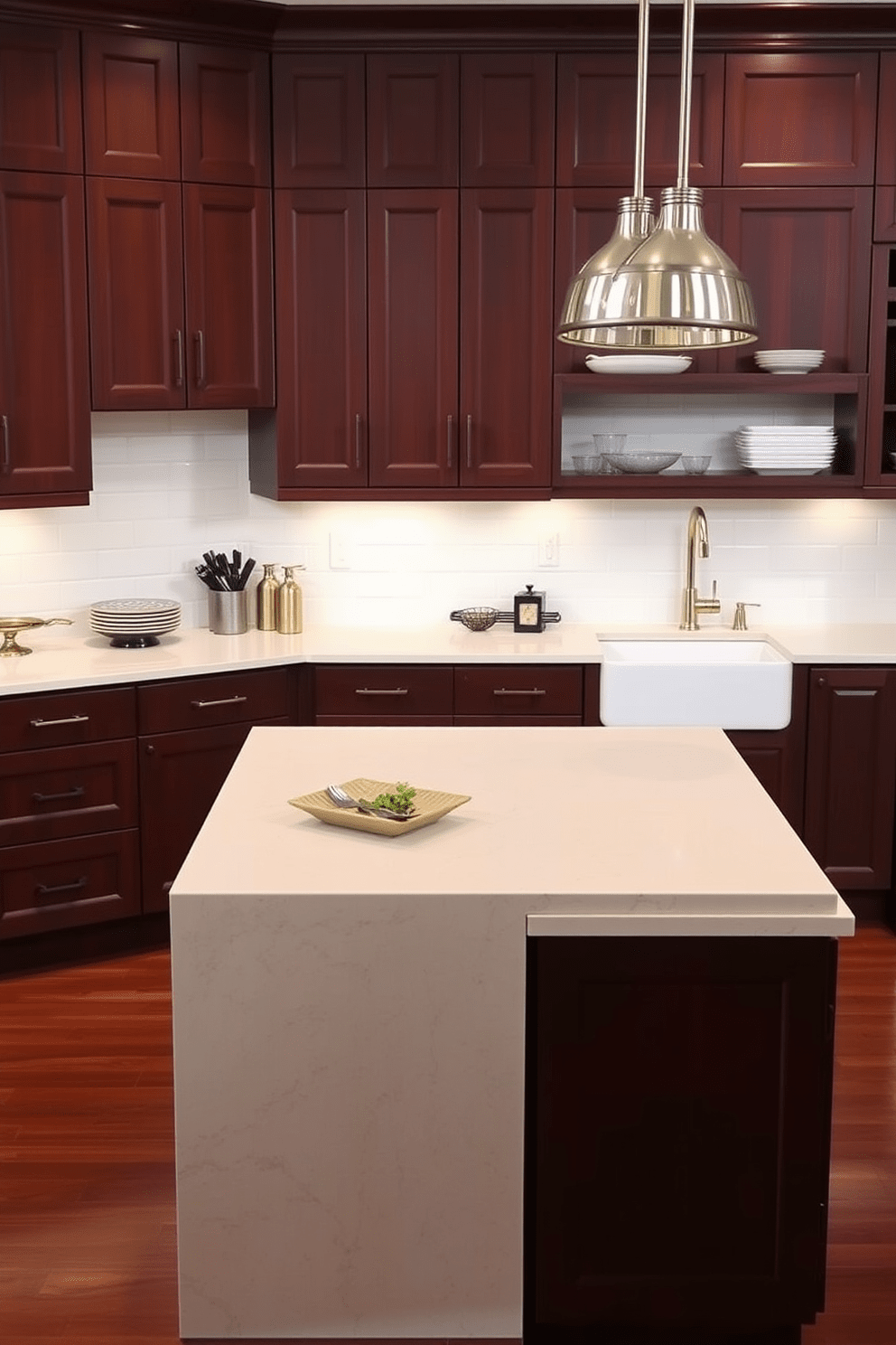 Deep brown cabinets create a rich and inviting atmosphere, complemented by a contrasting light-colored island that serves as a focal point. The sleek countertops and modern fixtures enhance the overall elegance of the space, making it both functional and stylish.