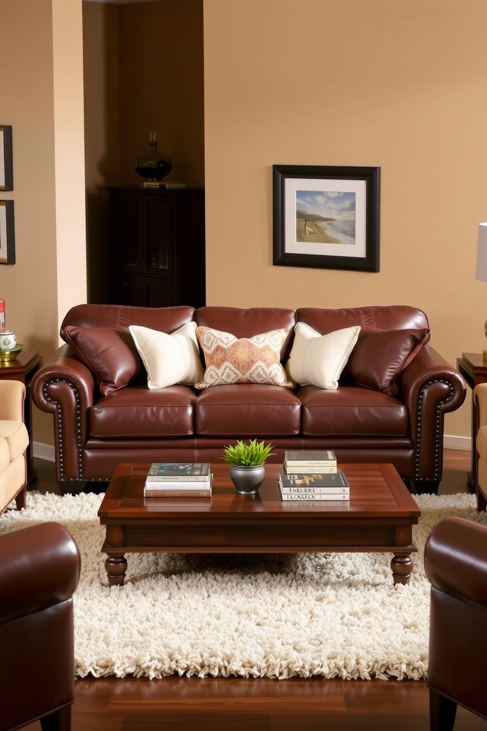 A cozy brown leather sofa with cream accents takes center stage in the room. Surrounding the sofa are soft throw pillows and a plush area rug that adds warmth to the space. The walls are painted in a warm beige tone, complementing the rich leather. A wooden coffee table sits in front of the sofa, adorned with decorative books and a small plant for a touch of greenery.