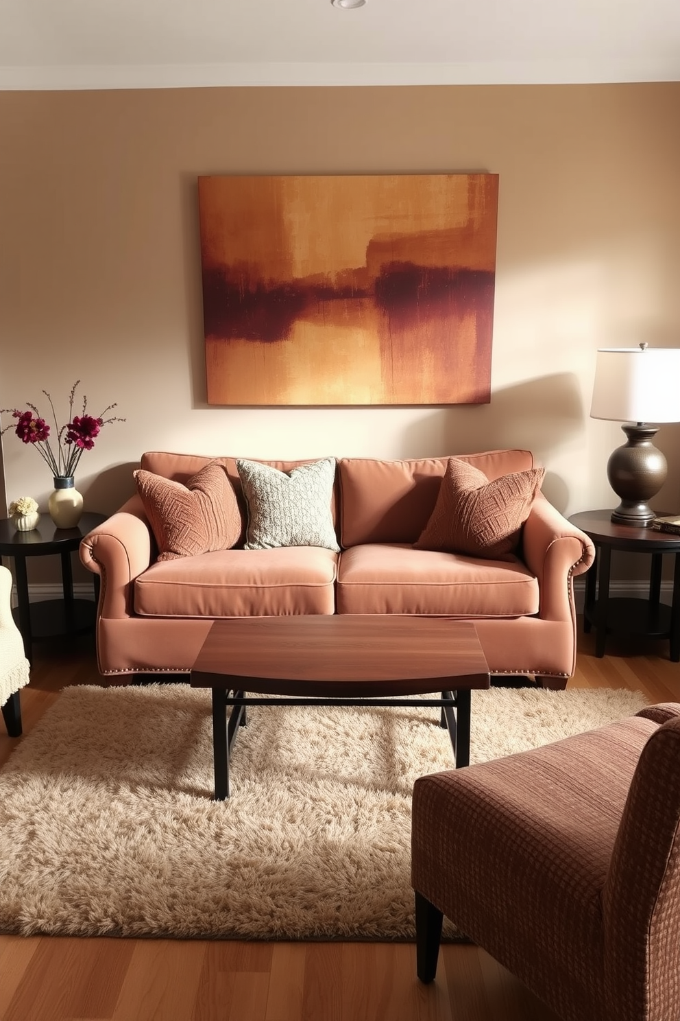 A cozy living room featuring earthy brown artwork as a focal point. The walls are painted in a warm beige tone, complementing the rich brown hues of the artwork. The furniture includes a plush brown sofa adorned with textured cushions. A wooden coffee table sits at the center, surrounded by soft area rugs that add warmth to the space.