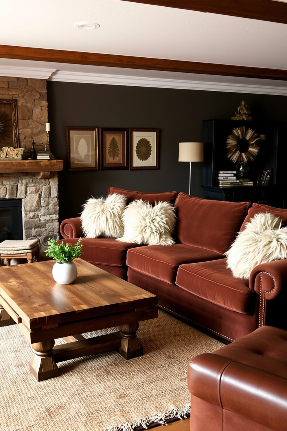 A cozy brown living room featuring a mix of rich brown textures and soft faux fur accents. The space includes a plush brown sectional sofa adorned with faux fur throw pillows, complemented by a rustic wooden coffee table and a warm area rug.