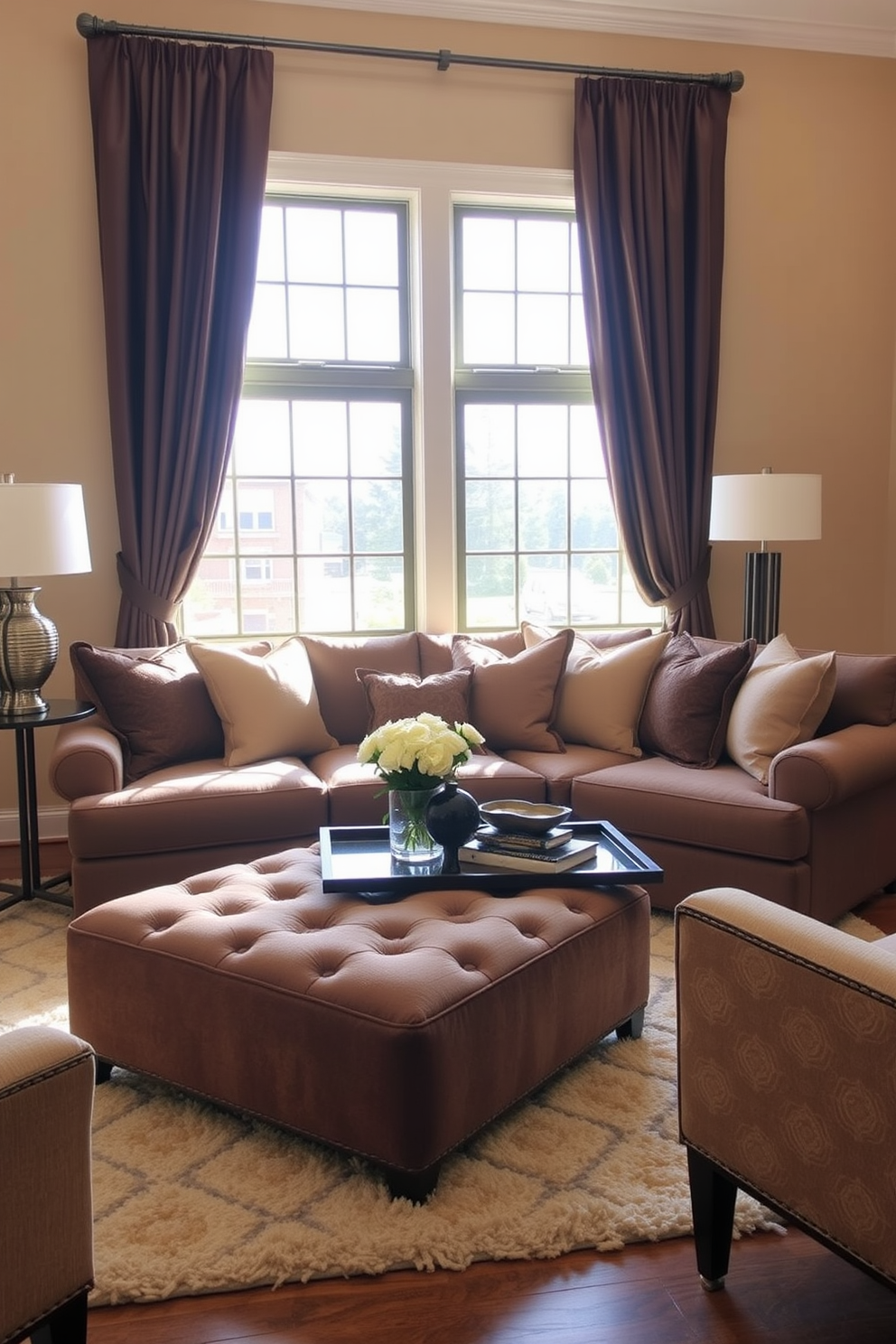 A cozy living room featuring a brown upholstered ottoman that serves as both a footrest and extra seating. The walls are painted in a warm beige tone, and the space is adorned with plush throw pillows in various shades of brown and cream. A stylish coffee table sits atop a soft area rug, complementing the ottoman's texture. Large windows allow natural light to fill the room, highlighting the elegant drapes in a rich chocolate hue.