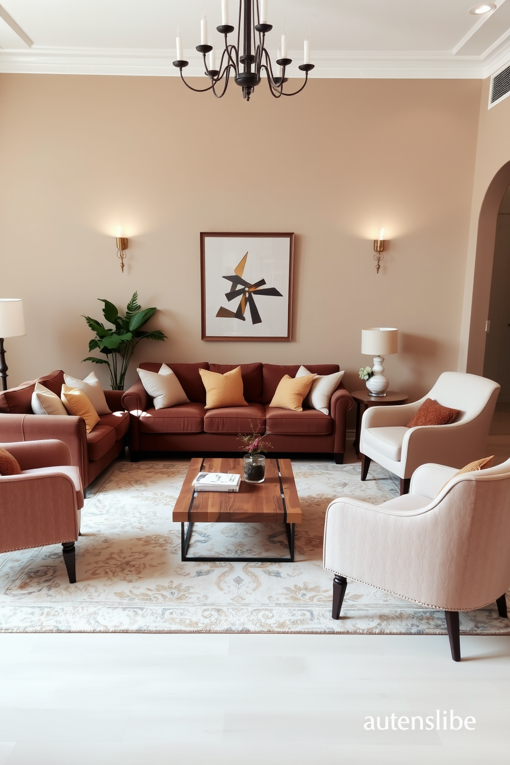 A cozy living room featuring a soft beige and brown color palette. The space includes a plush brown sofa adorned with beige throw pillows and a large area rug that ties the colors together. On one side, a wooden coffee table sits atop the rug, surrounded by stylish accent chairs in complementary tones. The walls are painted in a warm beige, and soft lighting from elegant fixtures creates a welcoming ambiance.