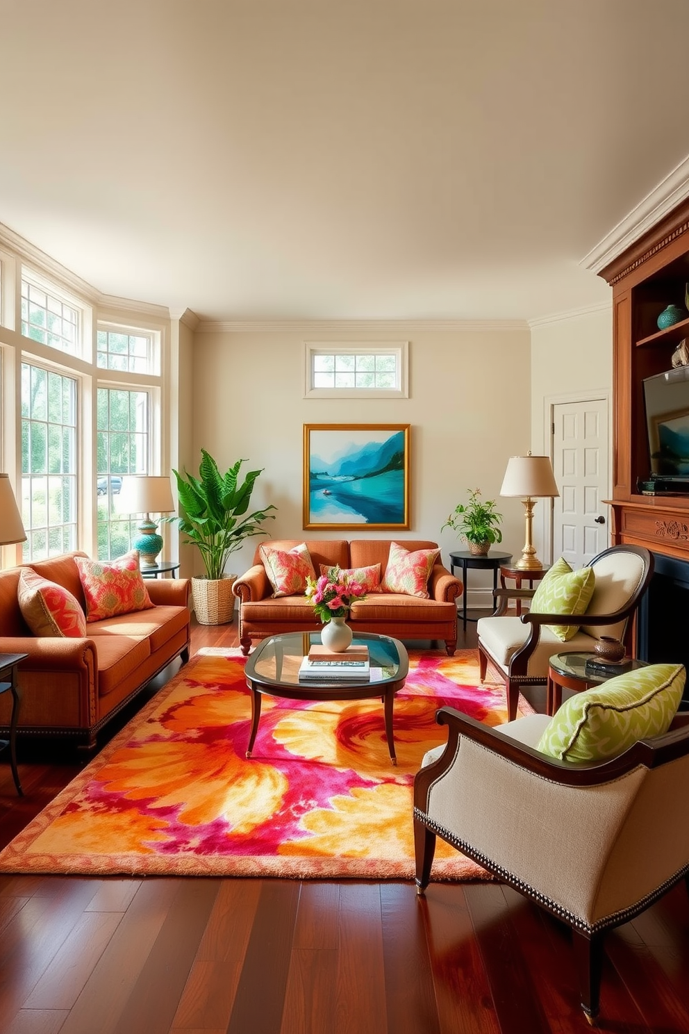 A cozy living room featuring rich mahogany furniture complemented by bright decor accents. The walls are painted in a soft cream color, enhancing the warmth of the wood and creating an inviting atmosphere. A plush area rug in vibrant hues anchors the seating area, which includes a deep sofa and stylish armchairs. Large windows allow natural light to flood in, highlighting the elegant furnishings and colorful throw pillows.