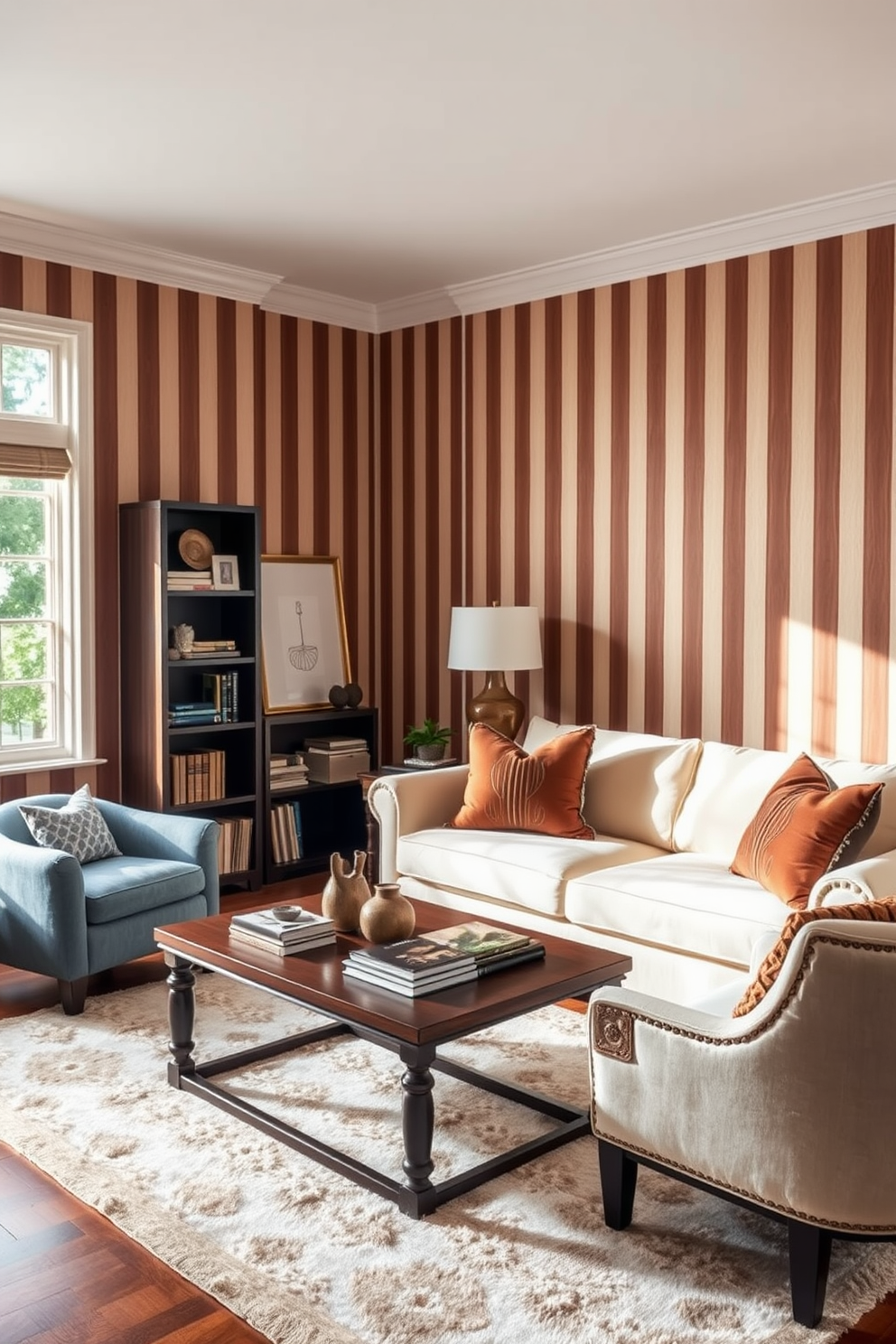 A cozy living room featuring brown and cream striped wallpaper that adds warmth and texture to the space. The room is furnished with a plush cream sofa adorned with brown accent pillows, and a stylish coffee table sits in the center. In one corner, a tall bookshelf showcases curated decor and books, while a soft area rug anchors the seating arrangement. Natural light floods the room through large windows, enhancing the inviting atmosphere.