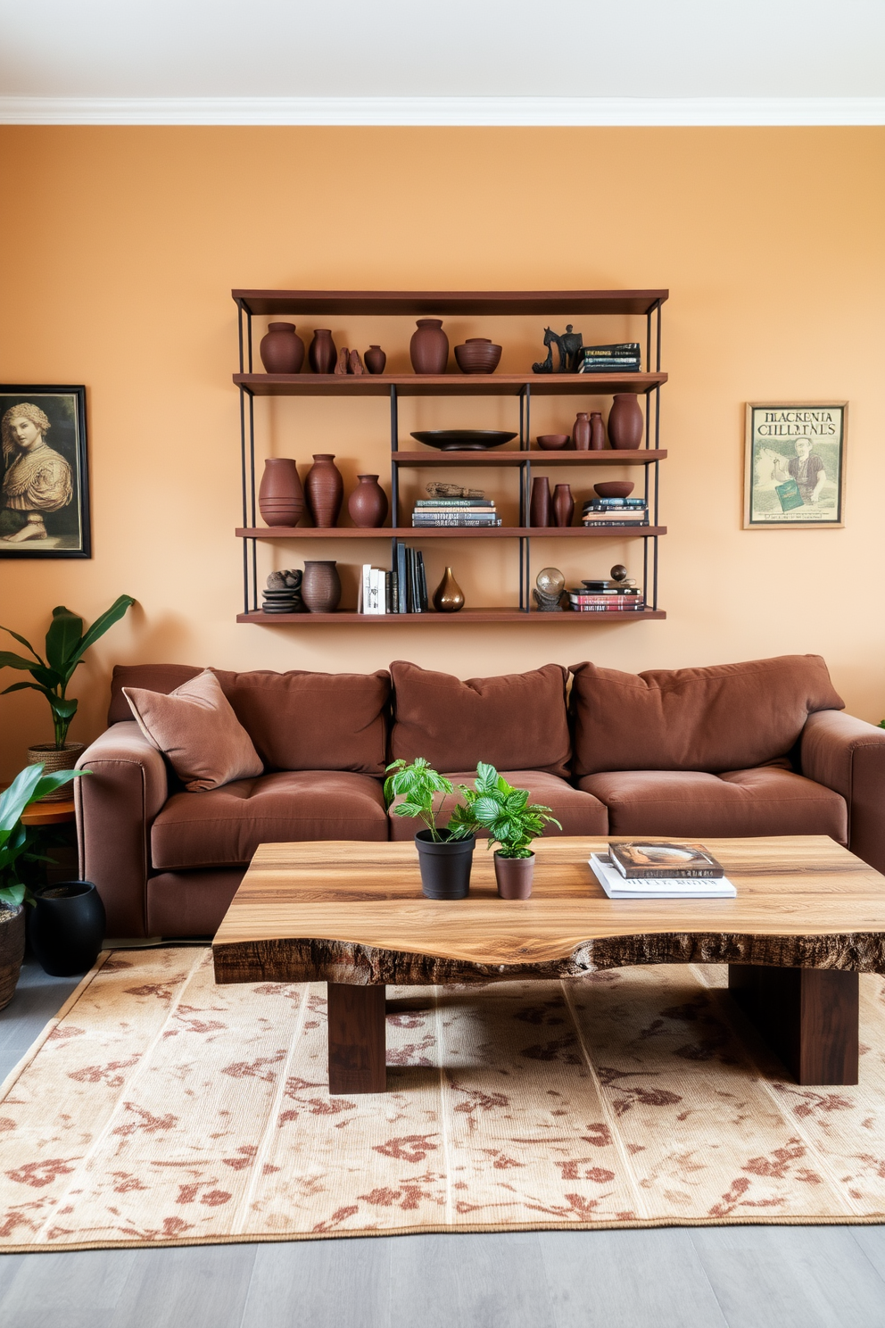 A cozy living room featuring open shelving against a warm beige wall. The shelves are adorned with an array of brown decorative items, including ceramic vases, wooden sculptures, and stacked books. The furniture consists of a plush brown sofa with soft cushions and a rustic coffee table made of reclaimed wood. A large area rug in earthy tones anchors the space, while a few potted plants add a touch of greenery.