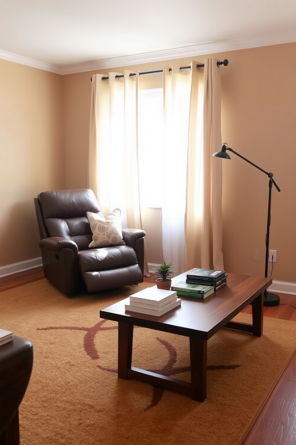 A cozy living room featuring a brown leather recliner positioned in the corner, inviting relaxation and comfort. The walls are painted a warm beige, complemented by a soft area rug in earthy tones that ties the space together. Natural light filters through sheer curtains, illuminating a wooden coffee table adorned with decorative books and a small potted plant. A stylish floor lamp stands nearby, adding a touch of modern elegance to the inviting atmosphere.