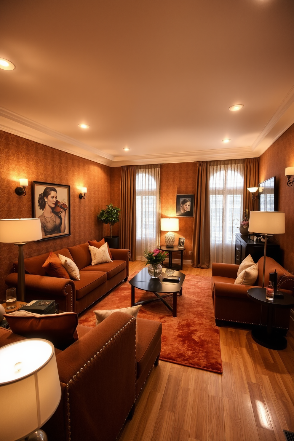 A cozy living room filled with layered lighting that creates a warm and inviting atmosphere. Soft golden bulbs illuminate the space, highlighting the rich brown tones of the furniture and decor. The walls are adorned with textured brown wallpaper, complementing the plush brown sofa and armchairs. A large area rug in warm earth tones anchors the seating area, while stylish floor lamps and wall sconces provide additional light sources.