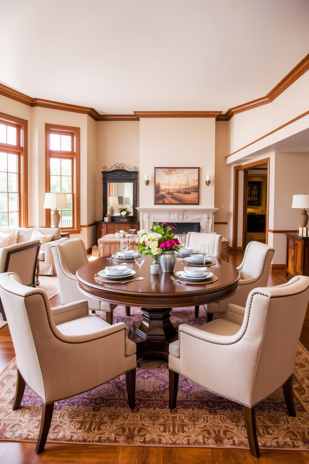 A warm and inviting living area features a brown dining table at its center, surrounded by plush upholstered chairs. The walls are adorned with soft beige tones, complemented by rich wooden accents and a cozy area rug beneath the table. The brown dining table is set with elegant dinnerware and a centerpiece of fresh flowers. Large windows allow natural light to flood the space, creating an airy and welcoming atmosphere.