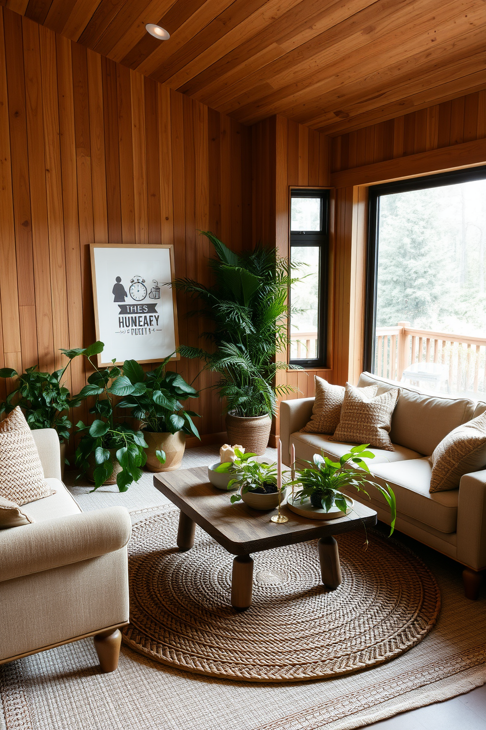 A cozy living room featuring earthy tones such as warm browns and soft beiges. Plush seating arrangements with textured cushions are complemented by a wooden coffee table surrounded by lush green plants. The walls are adorned with natural wood paneling, creating a warm and inviting atmosphere. A large window allows natural light to flood the space, highlighting a woven area rug that ties the room together.