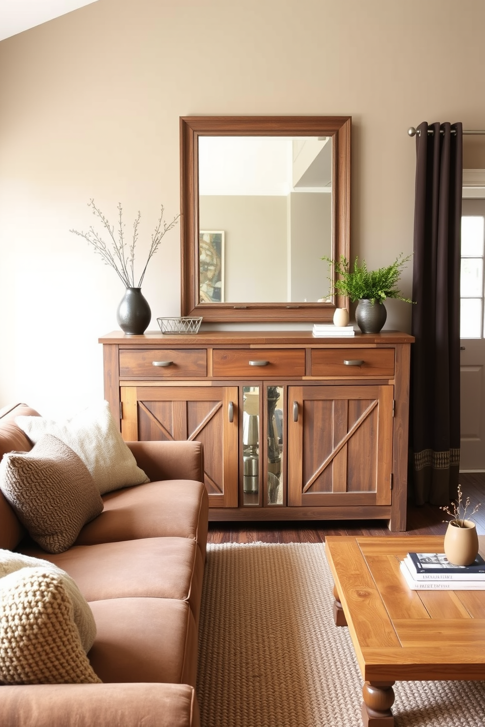 A rustic brown sideboard made of reclaimed wood stands against the wall, providing ample storage space and a warm touch to the room. Above the sideboard, a large framed mirror reflects the natural light, enhancing the cozy atmosphere of the brown living room. The living room features a plush brown sofa adorned with textured throw pillows, creating an inviting seating area. A woven area rug anchors the space, while a wooden coffee table adds a charming focal point, perfect for displaying books and decorative items.