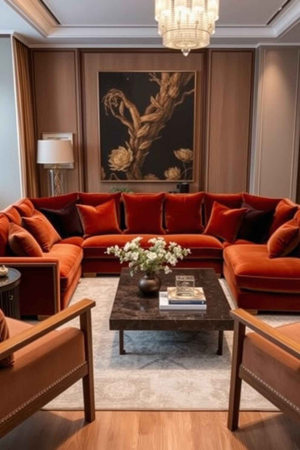 A luxurious living room featuring rich brown velvet cushions arranged on a plush sectional sofa. The space is accented with warm wooden furniture and a statement coffee table, creating an inviting atmosphere. Soft ambient lighting enhances the cozy vibe, while a large area rug anchors the seating area. Elegant artwork adorns the walls, adding sophistication to the overall design.