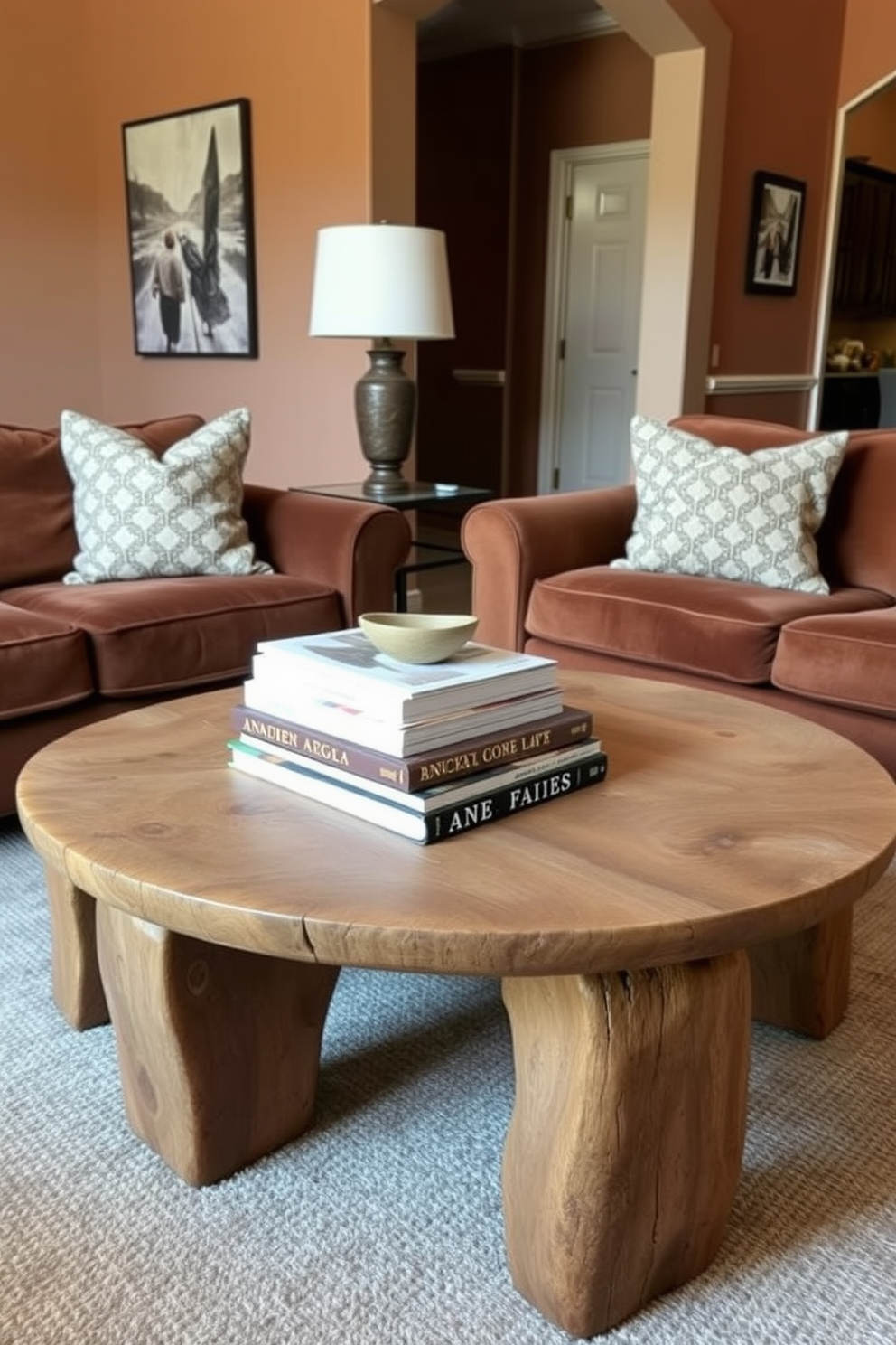 A natural wood coffee table is centered in a cozy living room, adorned with a stack of stylish books and a small decorative bowl. The walls are painted in warm earth tones, complemented by plush brown sofas and soft, textured throw pillows.