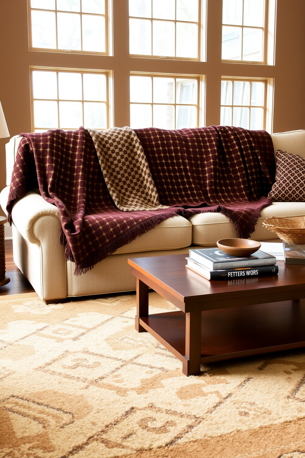 A cozy living room setting featuring a brown and tan patterned throw blanket draped over a plush beige sofa. The walls are painted in a warm taupe tone, and a large area rug with earthy tones anchors the space. A wooden coffee table sits in front of the sofa, adorned with a stack of books and a decorative bowl. Large windows allow natural light to flood the room, highlighting the soft textures and inviting atmosphere.