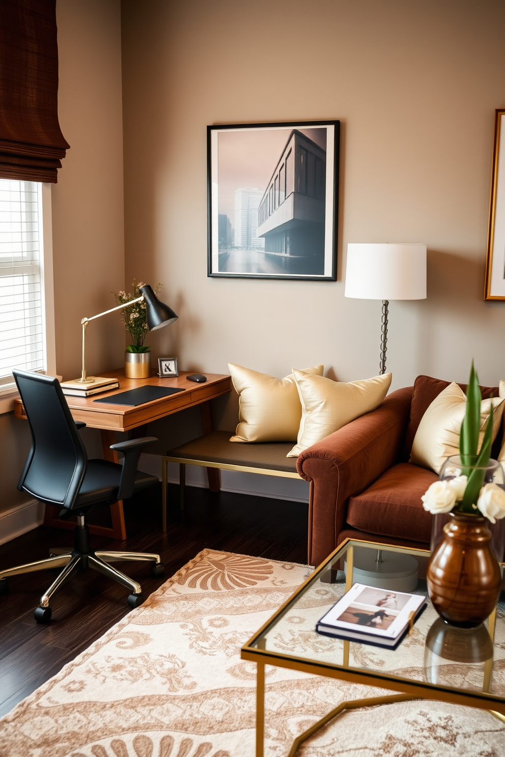 Chic brown desk area in corner. The desk features a sleek design with a rich walnut finish, complemented by a stylish ergonomic chair. Brown Living Room Design Ideas. The space includes a plush chocolate brown sofa adorned with cream and gold accent pillows, paired with a modern coffee table made of glass and brass.