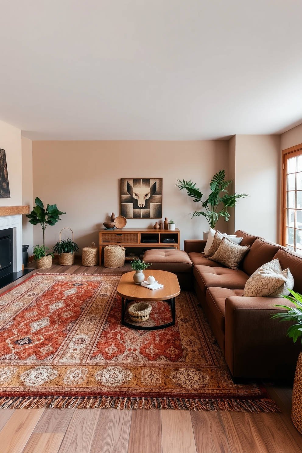 A cozy brown living room featuring layered rugs in earthy tones that add depth and warmth to the space. The walls are adorned with soft beige paint, and a large sectional sofa invites relaxation, complemented by wooden accents and lush greenery.