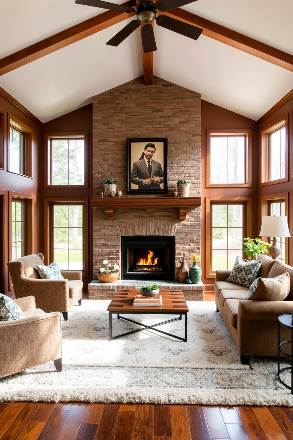 A warm brown fireplace serves as the focal point of the living room, surrounded by comfortable seating options. Plush armchairs and a cozy sofa invite relaxation, while a soft area rug adds texture to the space. The walls are adorned with rich earth tones, complementing the natural wood accents throughout the room. Large windows allow natural light to flood in, enhancing the inviting atmosphere of this brown living room design.