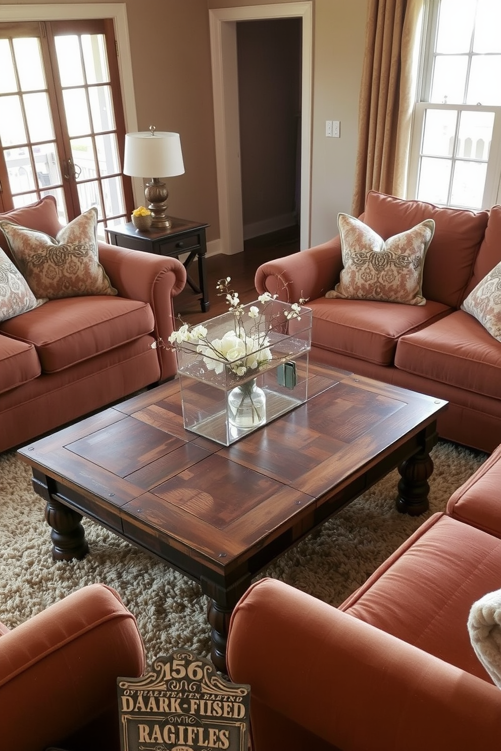 A vintage coffee table with rustic charm is the centerpiece of a cozy brown living room. Surrounding the table are plush, earth-toned sofas and a soft area rug that complements the warm color palette.