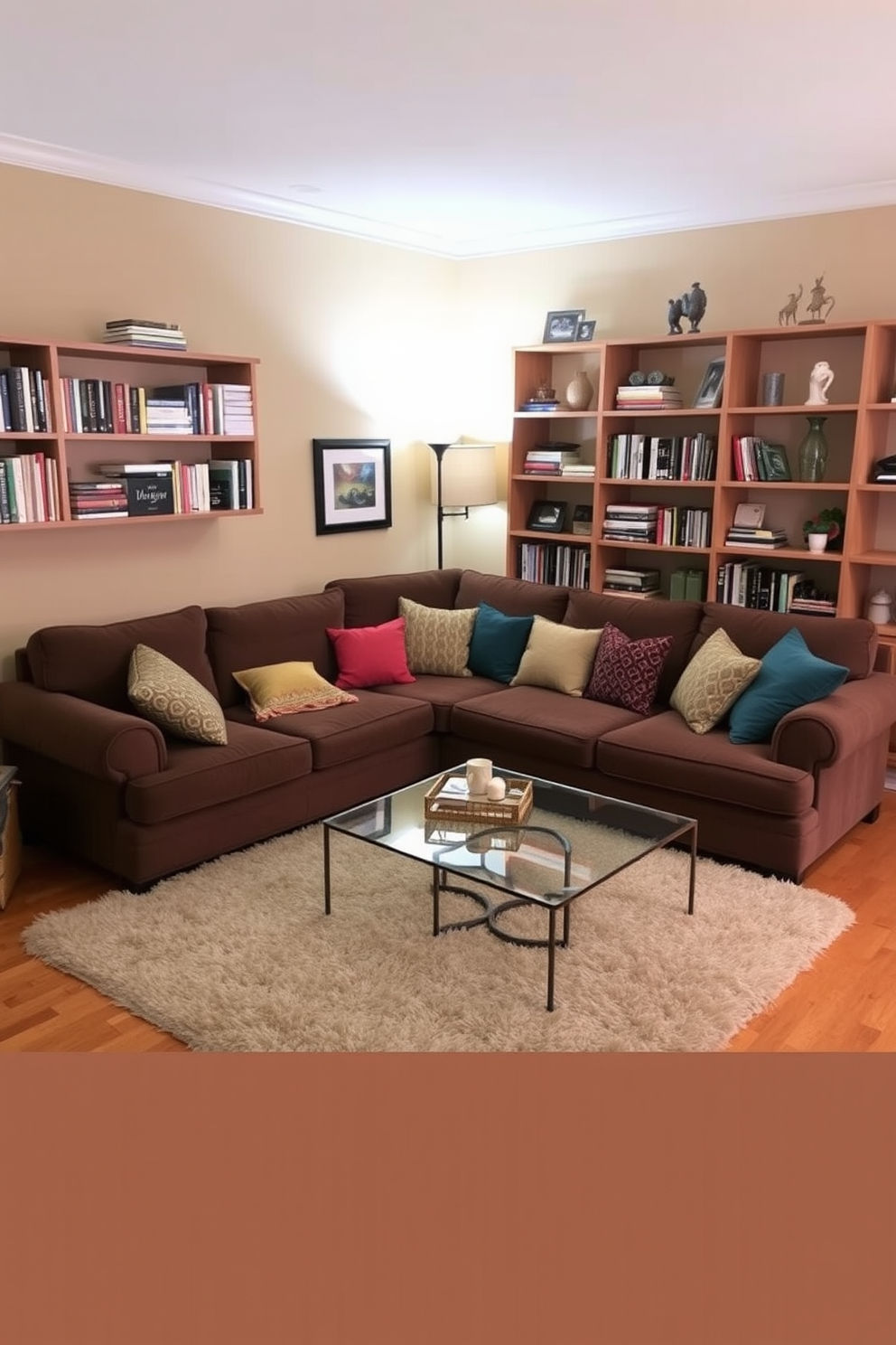 A cozy living room featuring a brown sectional sofa adorned with a variety of colorful throw pillows. The walls are painted in a warm beige tone, and a plush area rug adds texture to the hardwood floor. In the corner, a sleek coffee table sits atop the rug, complemented by a stylish floor lamp. Shelves filled with books and decorative items line the walls, creating an inviting atmosphere.