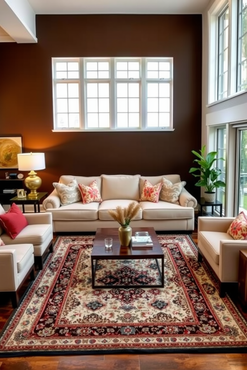 A cozy living room featuring an accent wall in deep chocolate brown. The space is furnished with a plush beige sofa and a pair of stylish armchairs that complement the rich wall color. A large area rug with intricate patterns anchors the seating area, adding warmth and texture. Floor-to-ceiling windows allow natural light to flood the room, highlighting decorative elements like a wooden coffee table and vibrant throw pillows.