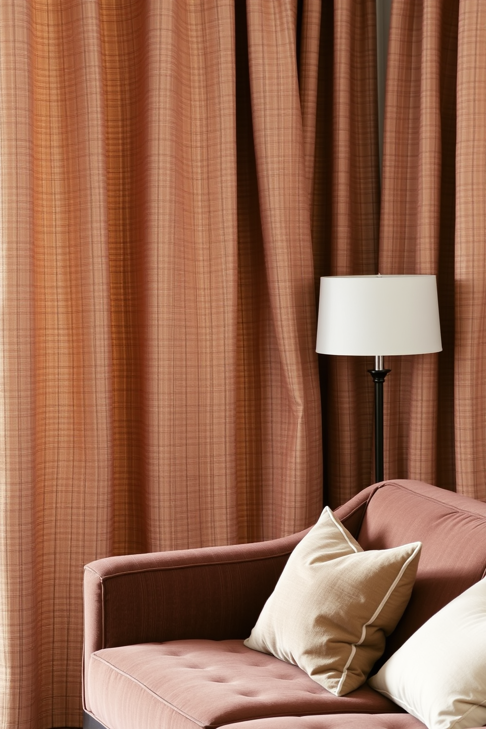 A cozy brown living room features textured brown curtains that add warmth and depth to the space. The room is adorned with a plush brown sofa, complemented by soft throw pillows in various shades of cream and taupe.