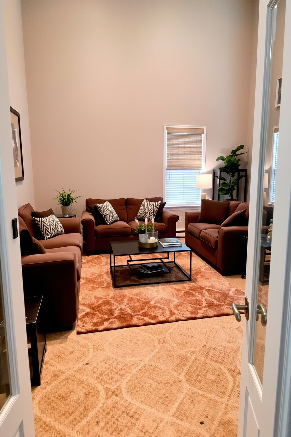 A cozy living room featuring a brown and white geometric patterned rug that adds texture and visual interest to the space. The walls are painted in a warm beige tone, and plush brown sofas are arranged around a sleek coffee table, creating an inviting atmosphere for relaxation and conversation.