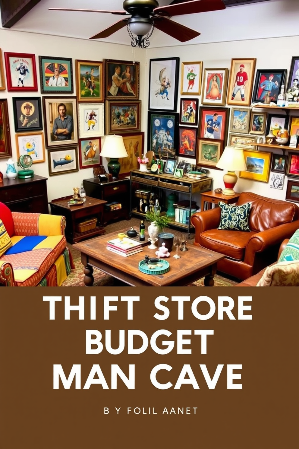 Thrift store finds for eclectic style. Imagine a cozy living room filled with an assortment of vintage furniture pieces, including a colorful patchwork sofa and mismatched armchairs. A reclaimed wooden coffee table sits in the center, adorned with quirky knick-knacks and a stack of eclectic books. The walls are decorated with an array of framed art, showcasing vibrant colors and unique styles. Budget Man Cave Design Ideas. Visualize a masculine space featuring a leather sectional sofa paired with a rustic wooden coffee table. Add a bar cart in the corner stocked with glassware and a few favorite spirits, while wall-mounted shelves display sports memorabilia.