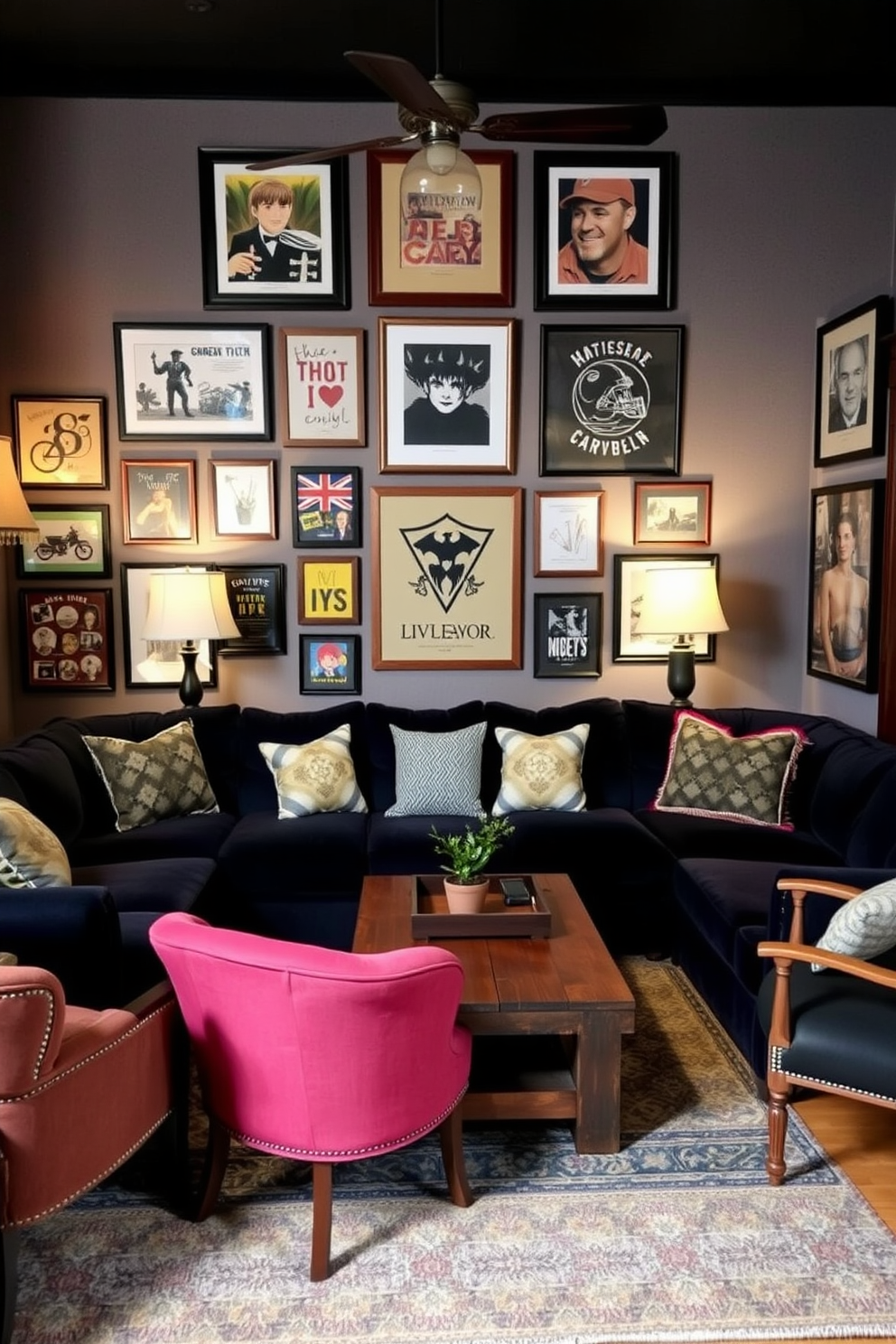 A cozy man cave featuring a plush sectional sofa in a deep navy color. The walls are adorned with framed DIY art projects that reflect personal interests and hobbies. A rustic wooden coffee table sits in the center, surrounded by a few stylish accent chairs. Soft lighting from vintage-style lamps creates an inviting atmosphere, perfect for relaxation and entertainment.