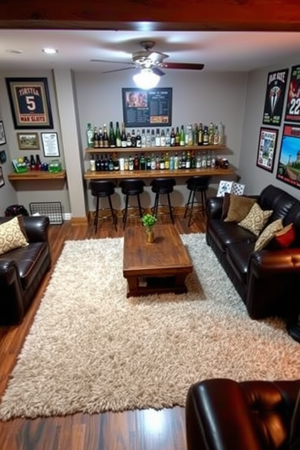 A cozy man cave featuring a plush area rug that defines the seating area. The rug complements the dark leather sofas and the rustic wooden coffee table at the center of the space. Incorporate a mini bar with stylish stools on one side, surrounded by wall-mounted shelves displaying an assortment of drinks and glassware. The walls are adorned with sports memorabilia and framed posters, creating a fun and inviting atmosphere.