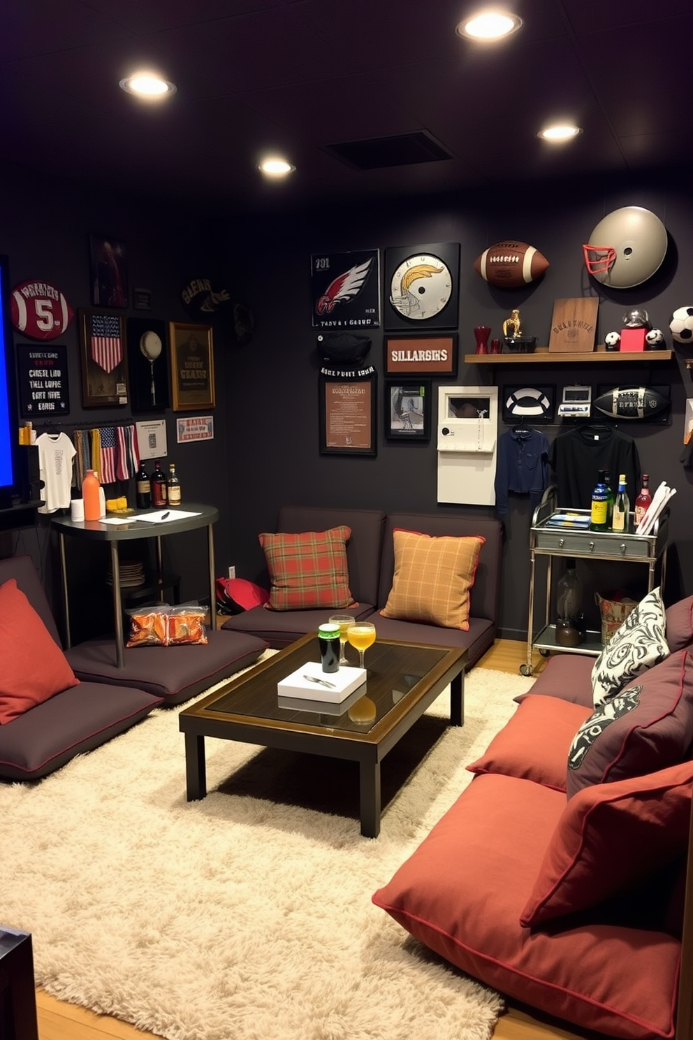 A cozy man cave featuring floor cushions arranged around a low coffee table. The walls are adorned with sports memorabilia and the lighting is dimmed for a relaxed atmosphere. The floor is covered with a plush area rug to enhance comfort. A small bar cart is positioned nearby, stocked with drinks and snacks for entertainment.