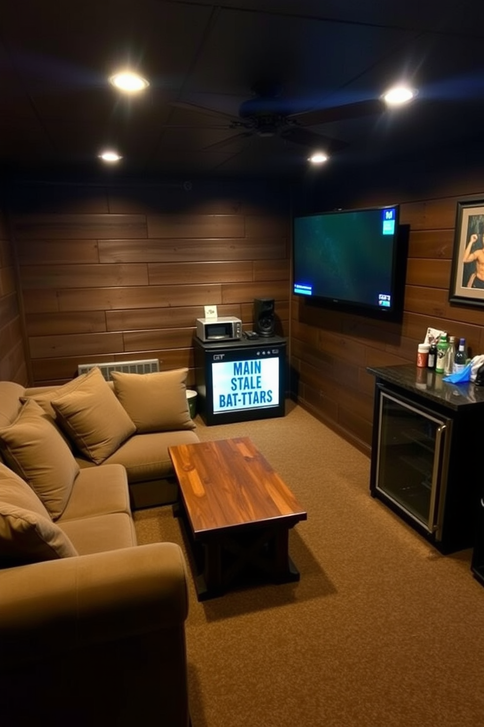 A cozy man cave designed for relaxation features a wall-mounted TV positioned at eye level for optimal viewing. The space is furnished with a plush sectional sofa and a rustic coffee table, creating an inviting atmosphere for entertaining friends. The walls are adorned with dark wood paneling, complemented by ambient lighting that sets a warm mood. A mini-fridge and a small bar area provide convenience for snacks and drinks, ensuring a perfect spot for game nights.