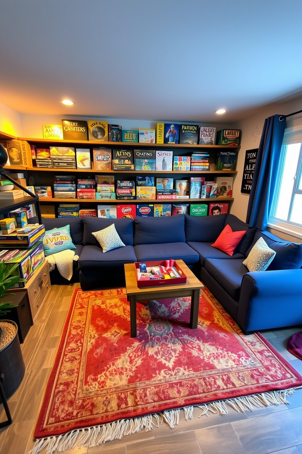 A cozy mini game area designed for relaxation and entertainment. The space features a large sectional sofa in a deep blue fabric, surrounded by a collection of vibrant board games displayed on a rustic wooden shelf. Soft ambient lighting creates a warm atmosphere, while a vintage-style rug adds comfort underfoot. A small coffee table in the center holds snacks and drinks, making it the perfect spot for game nights with friends.