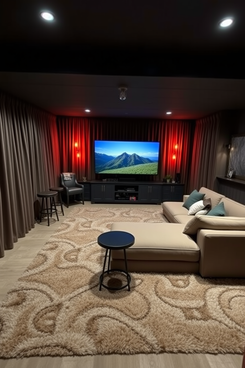 A cozy man cave designed for relaxation and entertainment. The space features plush rugs that absorb sound and heavy curtains that block out light, creating a serene atmosphere. Incorporate a comfortable sectional sofa and a large flat-screen TV for movie nights. Add a mini bar with stylish stools and ambient lighting to enhance the overall vibe.