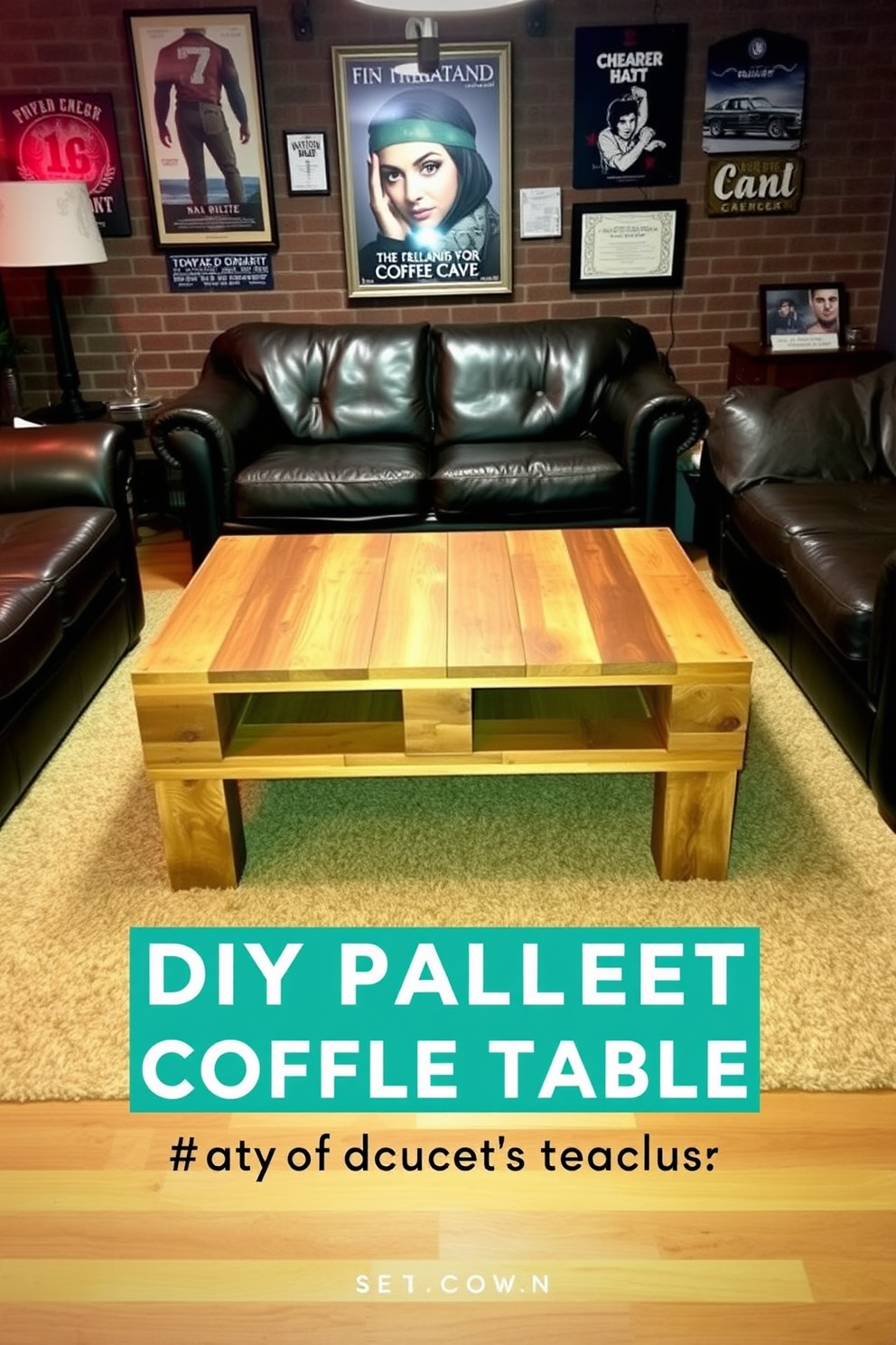 A DIY pallet coffee table made from reclaimed wood with a rustic finish. It features a simple rectangular design with sturdy legs and a distressed look, perfect for a budget-friendly man cave. Surround the coffee table with comfortable seating options like a worn leather sofa and oversized bean bags. Add industrial-style lighting and a few personal touches like framed posters and vintage memorabilia to complete the look.