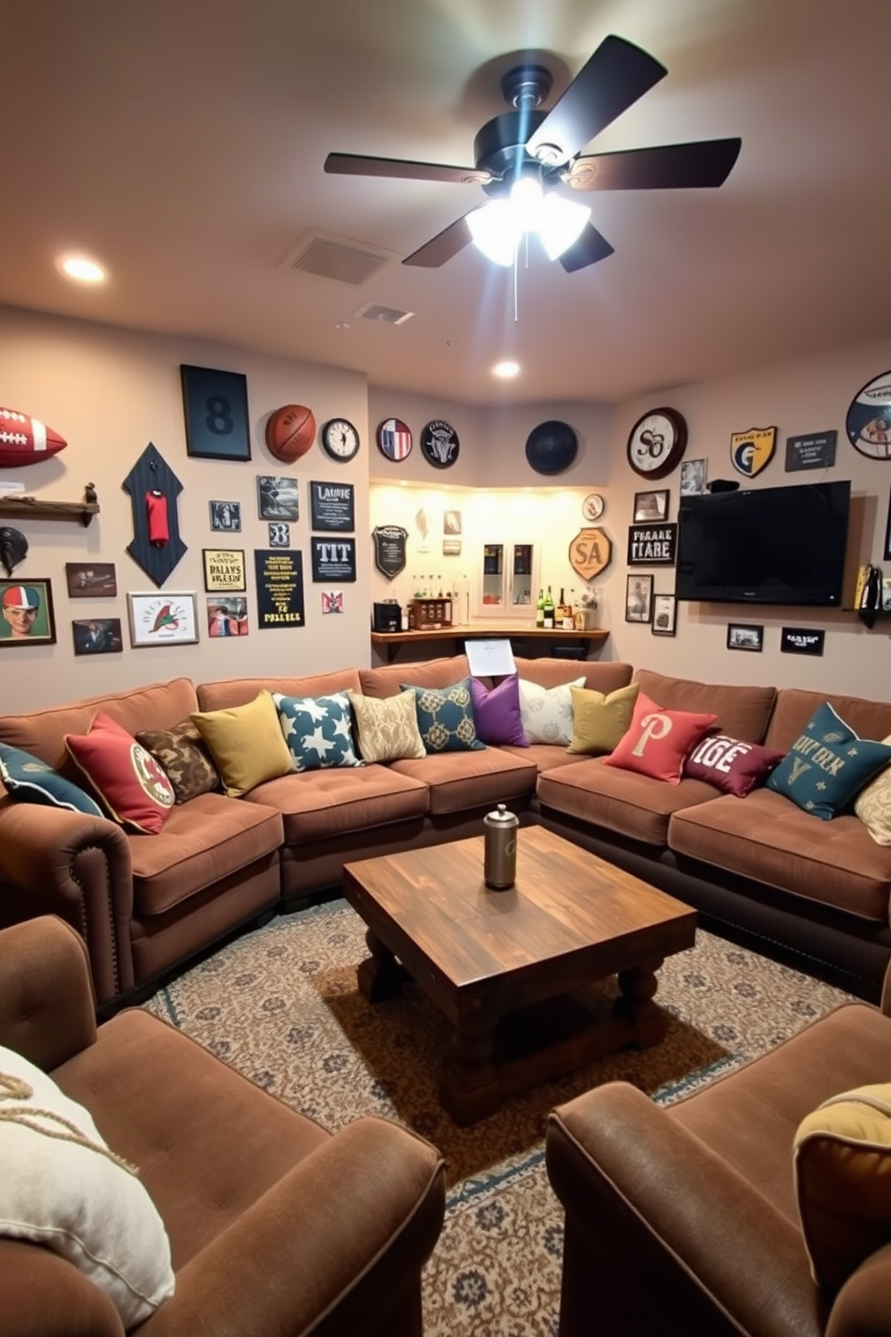 A cozy man cave featuring a mix of colorful throw pillows scattered across a plush sectional sofa. The walls are adorned with sports memorabilia and the lighting is soft and inviting, creating a relaxed atmosphere for entertaining friends. The design incorporates a rustic wooden coffee table at the center, surrounded by comfortable seating options. A small bar area is set up in one corner, stocked with drinks and snacks to enhance the casual vibe of the space.