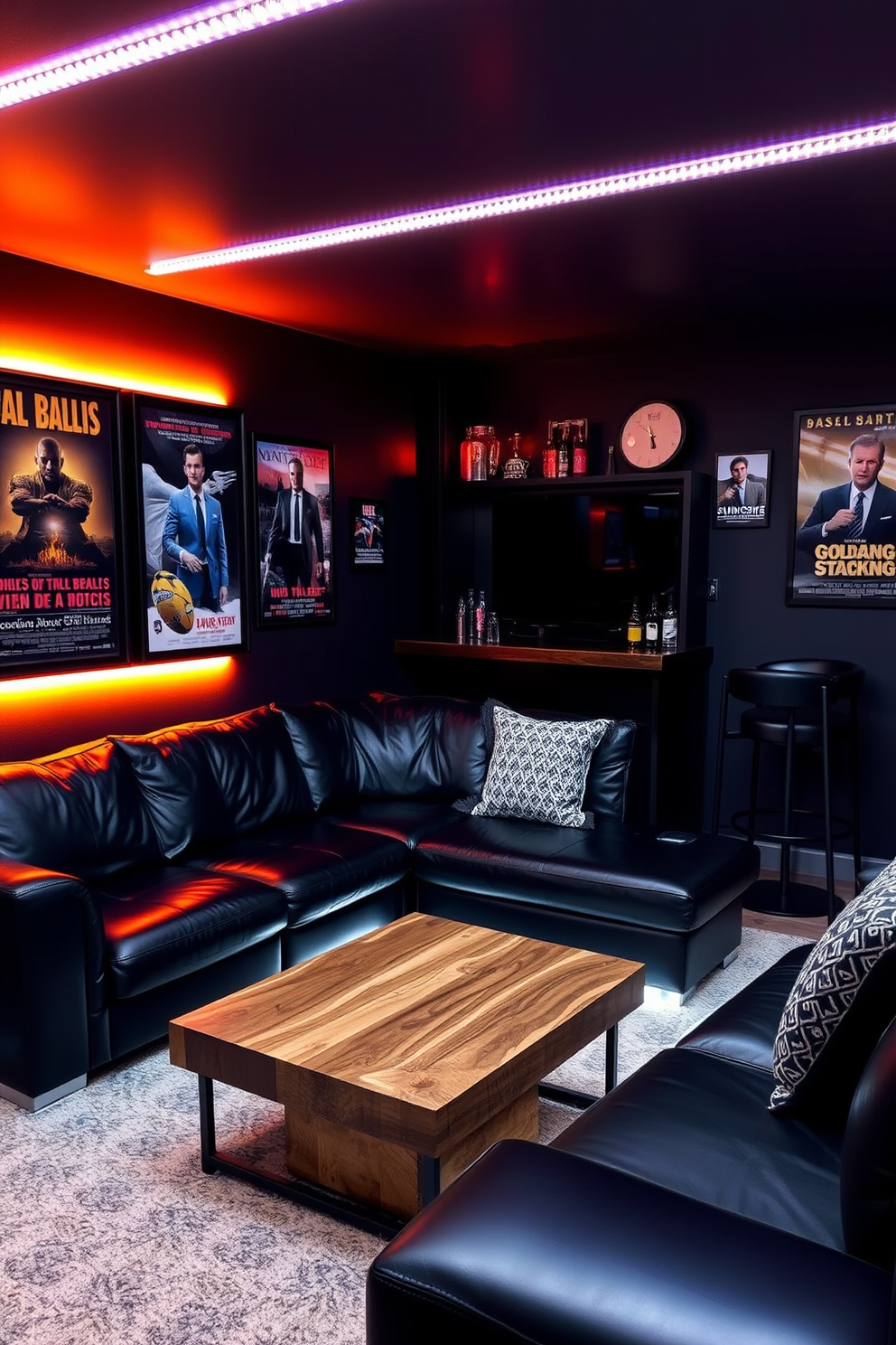 A cozy man cave designed with mood lighting featuring LED strips that create a warm ambient glow. The space is furnished with a plush sectional sofa in dark leather, complemented by a sleek coffee table made of reclaimed wood. The walls are adorned with framed posters of classic movies and sports memorabilia, adding a personal touch. A small bar area with high stools sits in one corner, showcasing a selection of spirits and glassware.