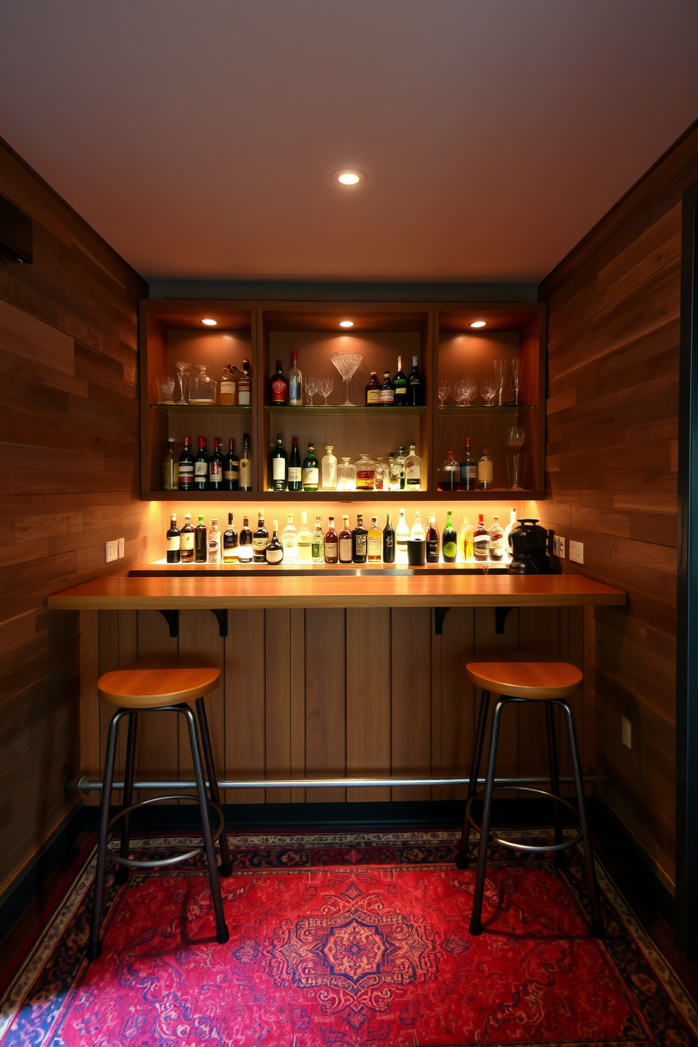 A small bar area designed for cocktails features a sleek wooden bar with high stools arranged around it. Behind the bar, there are open shelves displaying an array of spirits and glassware, complemented by soft ambient lighting. The walls are adorned with rustic wood paneling, creating a cozy atmosphere. A vintage rug lies beneath the bar area, adding warmth and texture to the space.