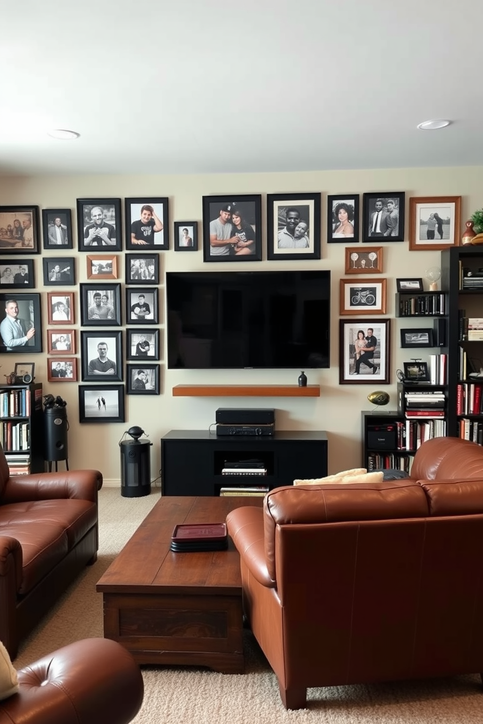 Framed photos of personal memories adorn the walls, showcasing a collection of cherished moments in a stylish arrangement. The photos are displayed in a mix of black and natural wood frames, creating a warm and inviting atmosphere. The man cave features a comfortable leather sofa positioned around a rustic wooden coffee table. A large flat-screen TV is mounted on the wall, surrounded by shelves filled with books and collectibles that reflect personal interests.