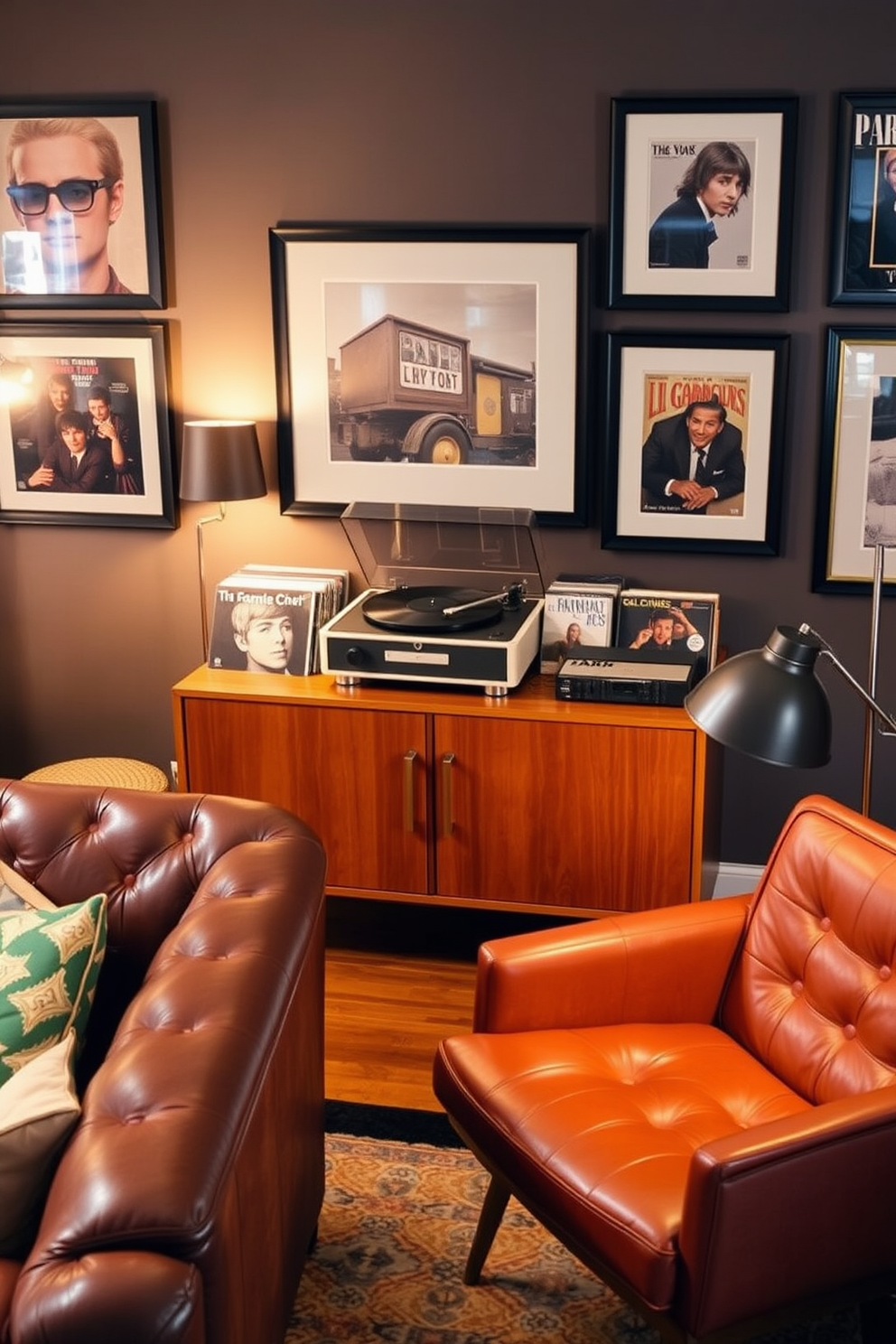 A vintage record player sits prominently on a mid-century modern console table, surrounded by a curated collection of vinyl records. The walls are adorned with framed album covers, adding a personal touch to the space. Cozy seating options include a plush leather sofa and a pair of retro armchairs, creating an inviting atmosphere for relaxation. Warm lighting from stylish floor lamps casts a soft glow, enhancing the man cave's ambiance.